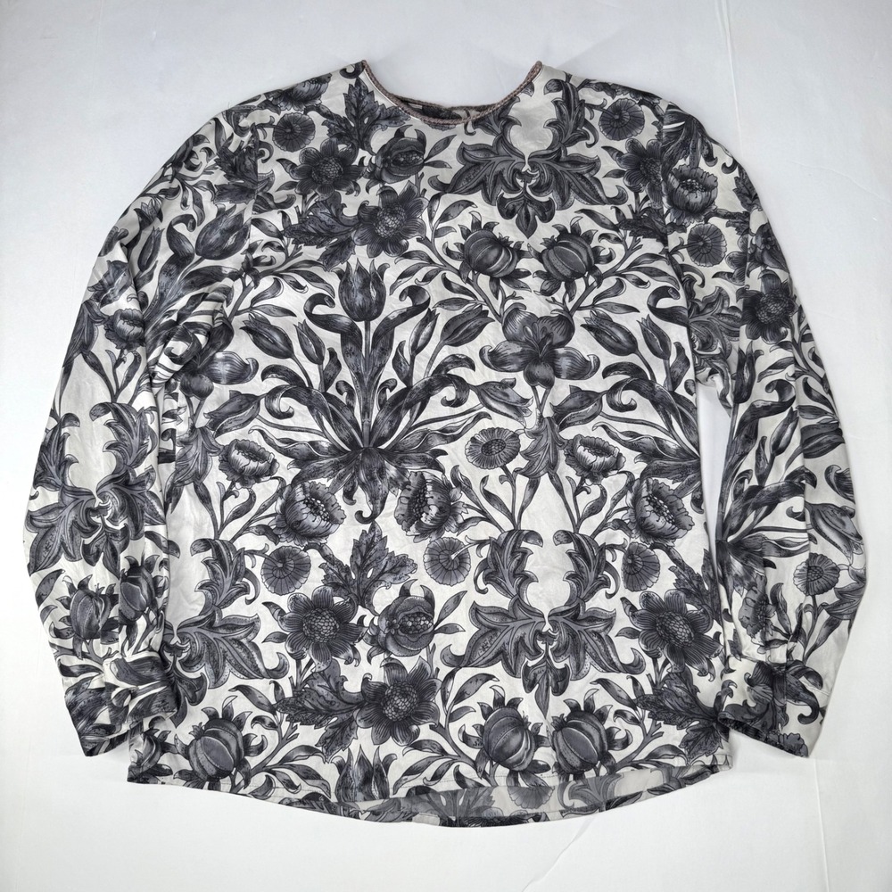 VTG Dana Brooke Silk Black White Floral Long Sleeve Button Back Blouse Size 8